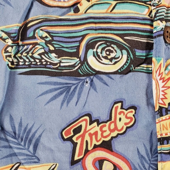 Reyn Spooner Shirt Mens Medium Blue Hawaiian Art Of Eddy Y Hot Rod Button Up - Picture 4 of 8